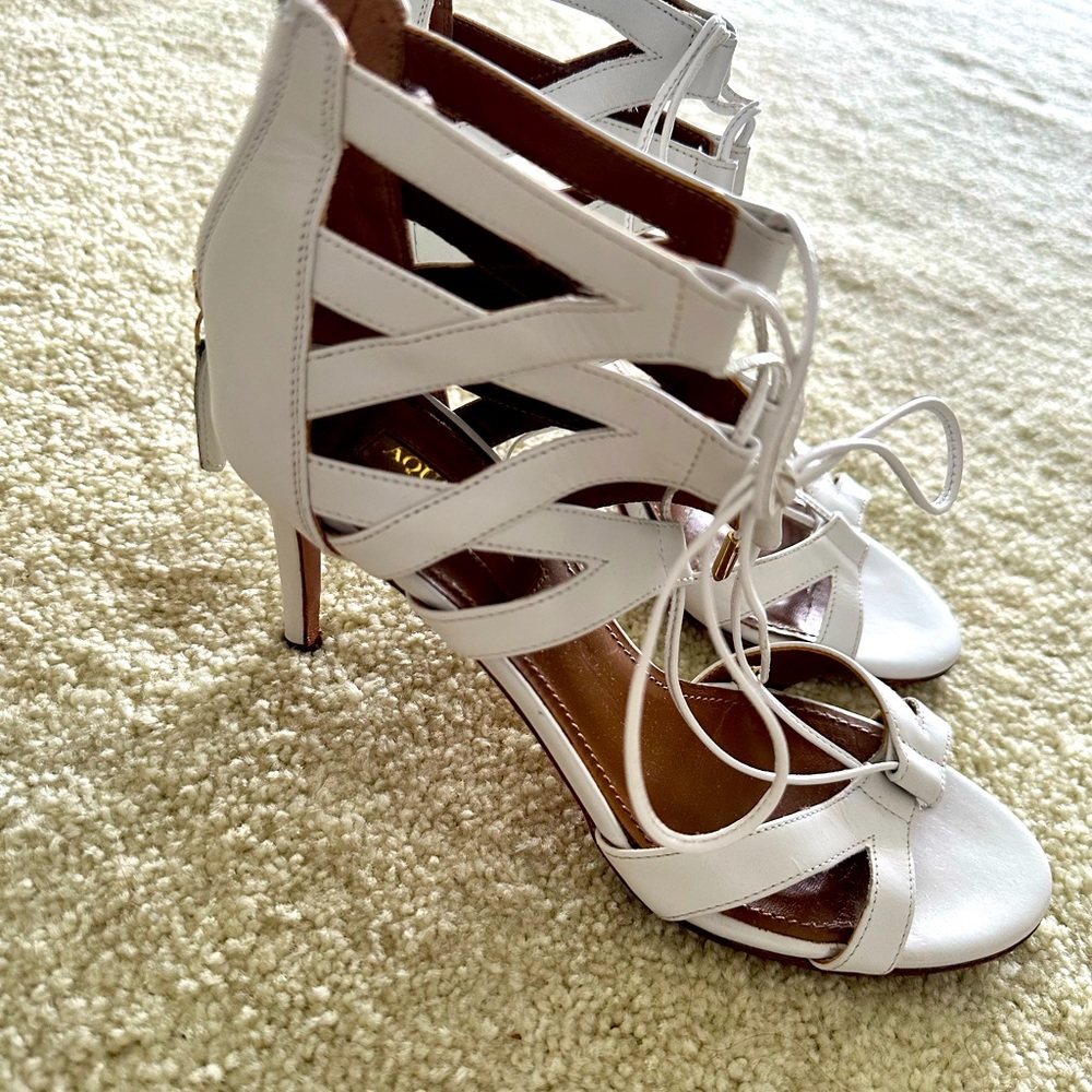Aquazzura Beverly Hills cage heels lace up sandal white textured zip back